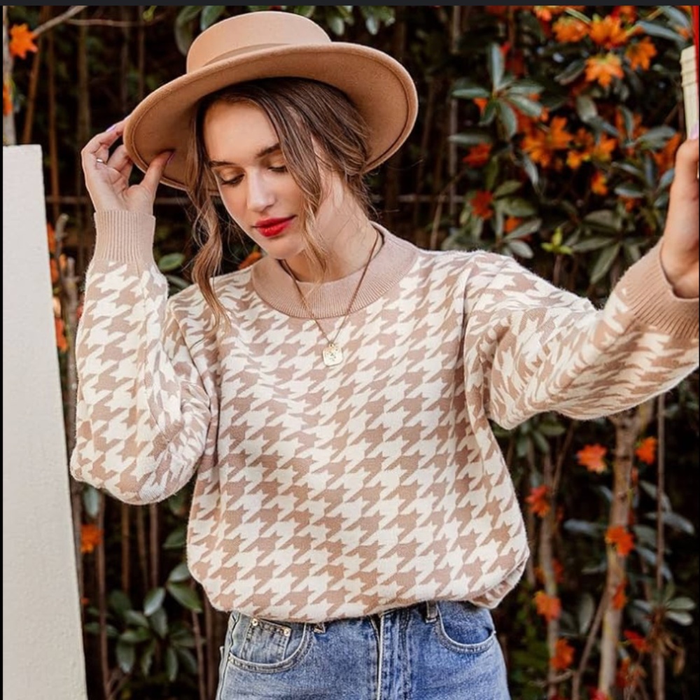 SHEIN Houndstooth Pattern Drop Shoulder Sweater
